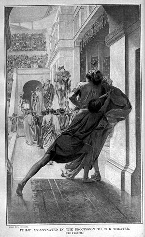 Pausanius assassinates Philip during the procession into the theatre by Andre Castaigne (1898—1899)