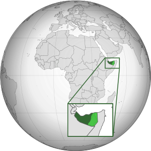 Сомалиленд на карте мира. Светло-зелёным обозначена заявленная территория, не контролируемая Сомалилендом