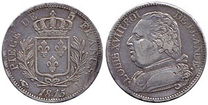 Франция, монета 5 франков, 1815 года - Людовик XVIII. Серебро 900 пробы. Диаметр 37.2 мм, толщина 2.4 мм, вес 24.89 гр. Отчеканена в Лиможе.