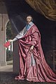 Кардинал Ришелье в полный рост с кардинальской шляпой в правой руке — атрибут его церковной власти и величия. Филипп де Шампань, с 1633 по 1640