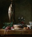 Натюрморт с рыбой и овощами на столе. Жан-Батист Симеон Шарден. 1769 год