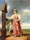 Печенкин Алексей. Деревенская девушка с мальчиком, молящимся перед иконой на дороге. 1835—1836 годы