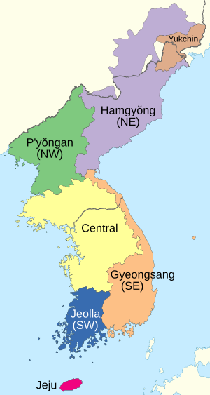 Карта Кореи с зонами распространения корейских диалектов.