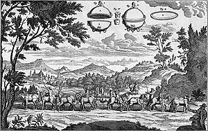 Эксперимент XVII века, выполненный Отто фон Герике. Он выкачал воздух из полости между двумя металлическими полушариями, сложенными вместе. Давление атмосферы так сильно прижало полушария друг к другу, что их не могли разорвать восемь пар лошадей.